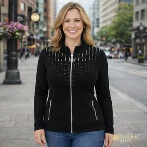 Christine Alexander Rhinestone Zip Jacket Black Stretch Blazer Size Medium